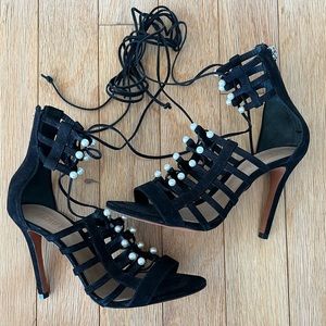SCHUTZ black suede high heel sandals with pearls and lace up ankle - 8